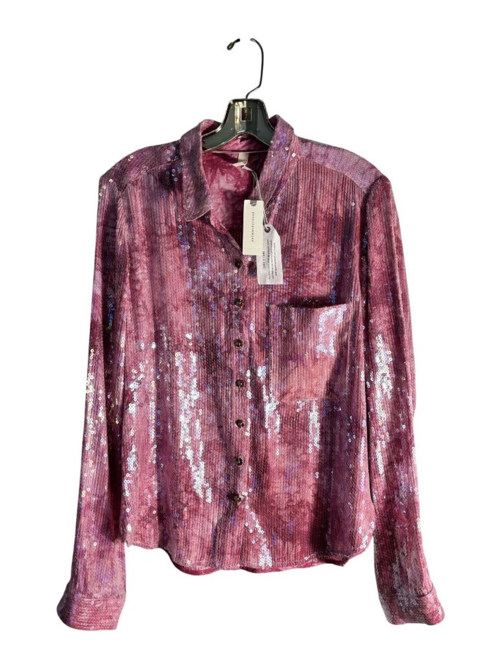 Anthropologie Pilcro Pink Sequin Button-Up Blouse Top Long Sleeves Size Large - Picture 6 of 16